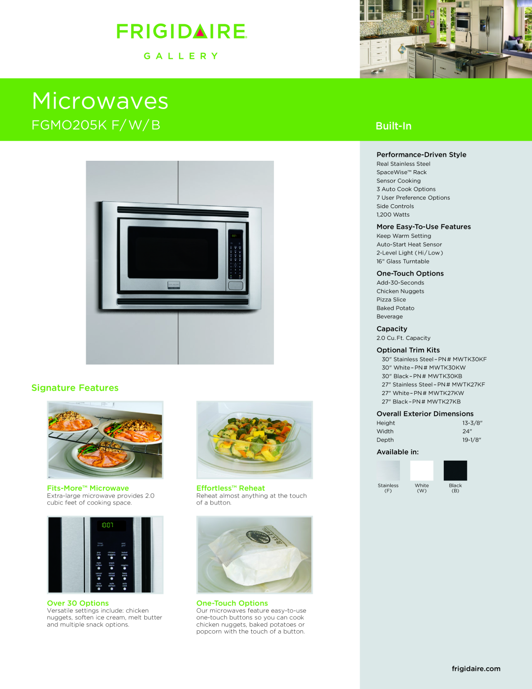 Frigidaire FGMO205K manual Fits-MoreMicrowave, Effortless Reheat, Over 30 Options, One-TouchOptions, Product Dimensions 